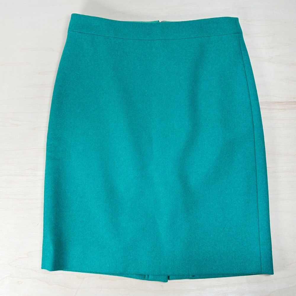 J CREW Pencil Skirt Women's Size 0 Green Wool Blend Lined Back Zip Career Preppy